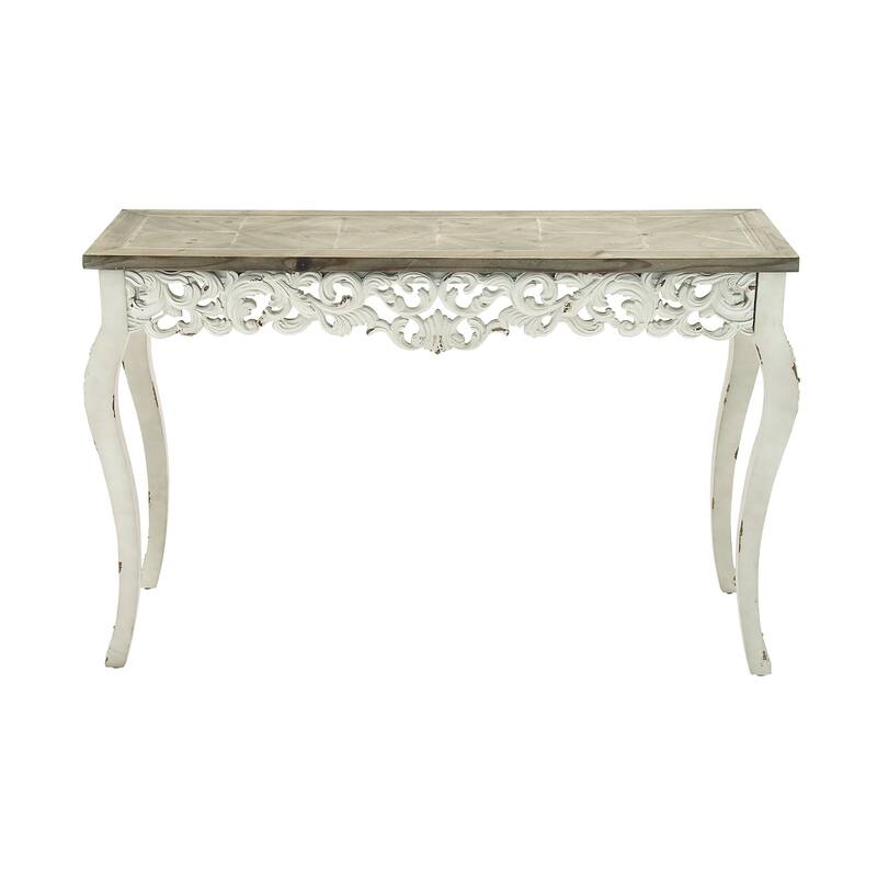White Wood Intricately Carved Scroll Console Table with Brown Wood Top