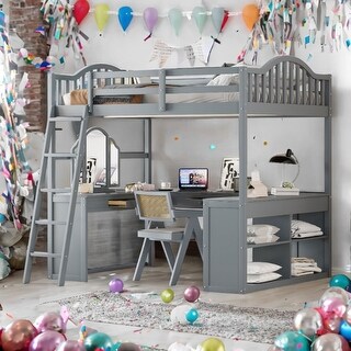Gray Full Size Loft Bed with U-shaped Desk,Solid Wood Bed with Tri-fold Mirror and Curved Headboards