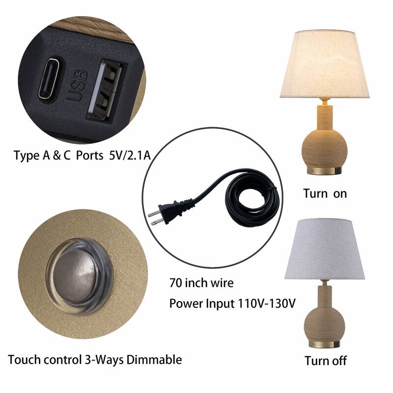 Amber 19" Rattan Table Lamp with USB 3-Way Touch Dimmer