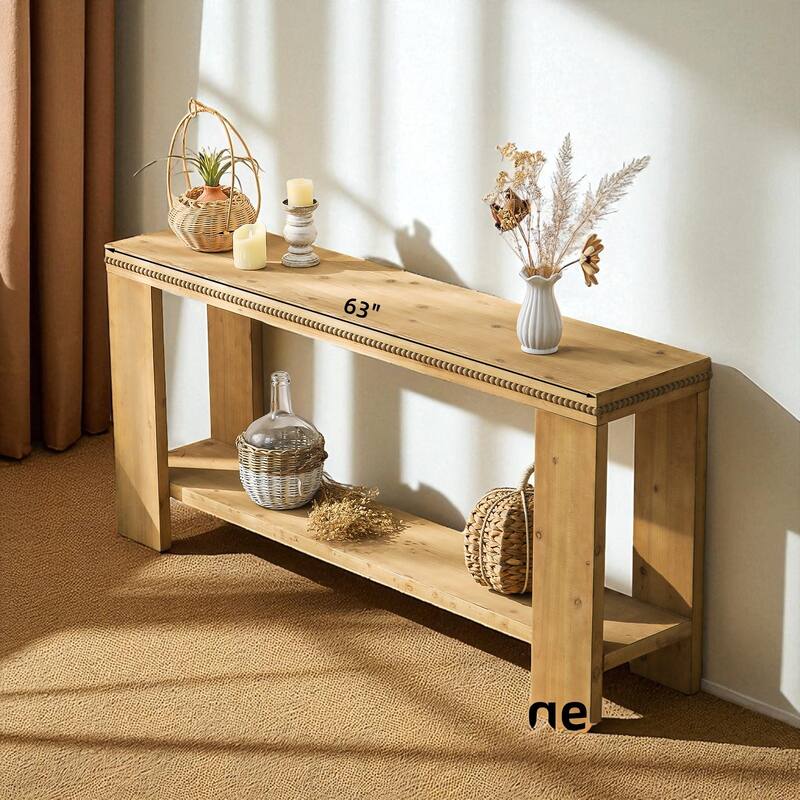63" Boho Console Table with Beaded Trim, 2-Tier Rustic Farmhouse Entryway Table with Storage Shelf