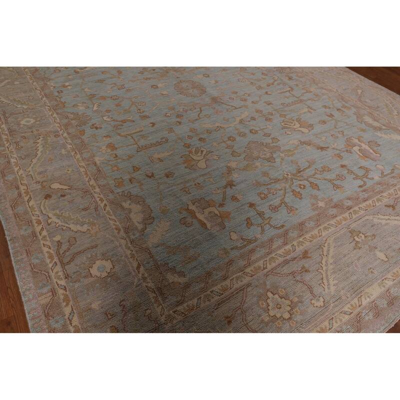 Light Blue Vegetable Dye Oushak Turkish Rug Hand-Knotted Wool Carpet - 9'1" x 11'11"