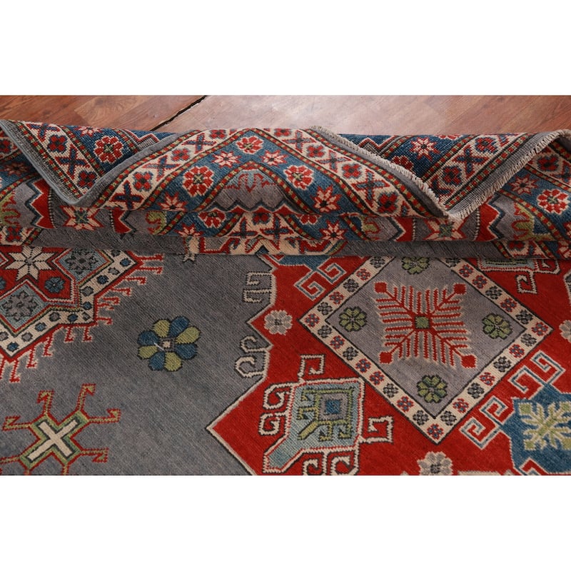 Hand Knotted Oriental 100% Wool Carpet Traditional Geometric Greys & Charcoal Kazak Area Rug - 13' 7'' X 9' 10''