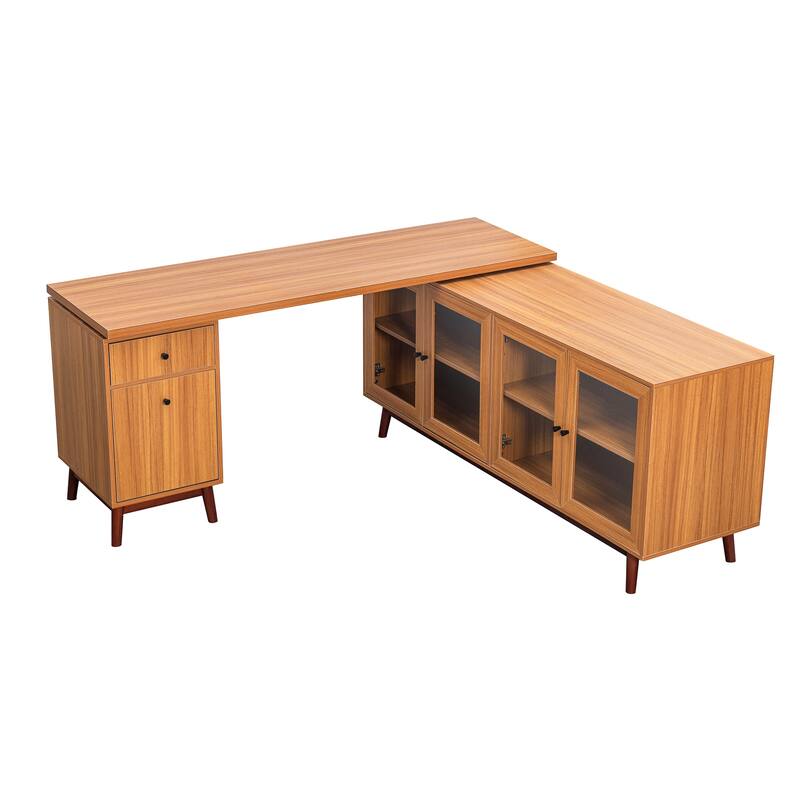 66.5" Large Office Desk with Drawers, Modern L-shaped Desk with Delicate Tempered Glass Cabinet Storage, Business Desk