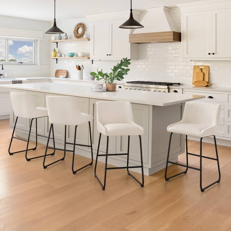 Counter Height Bar Stools with Metal Frame Upholstered Kitchen Island Stool in Faux Leather or Fabric - Ivory/Faux leather - Set of 4