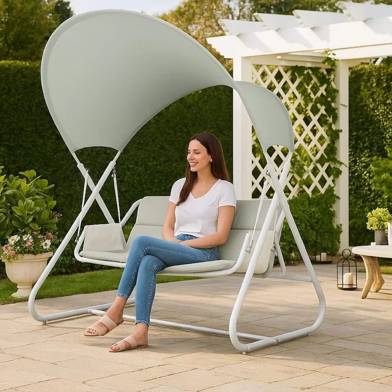 Diz Outdoor Hanging Double Swing Sofa Chair, White Powder Coated Steel