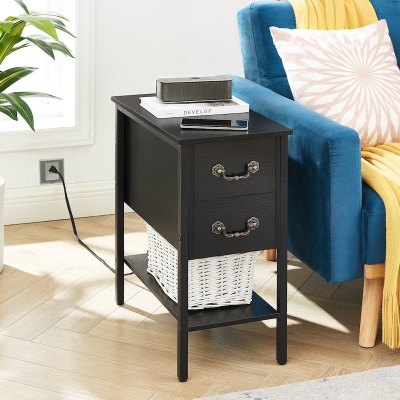 Taomika Industrial 2-Drawer Nightstand with Charging Station 2 USB/2 AC Ports & Open Shelf for Bedroom and Living Room