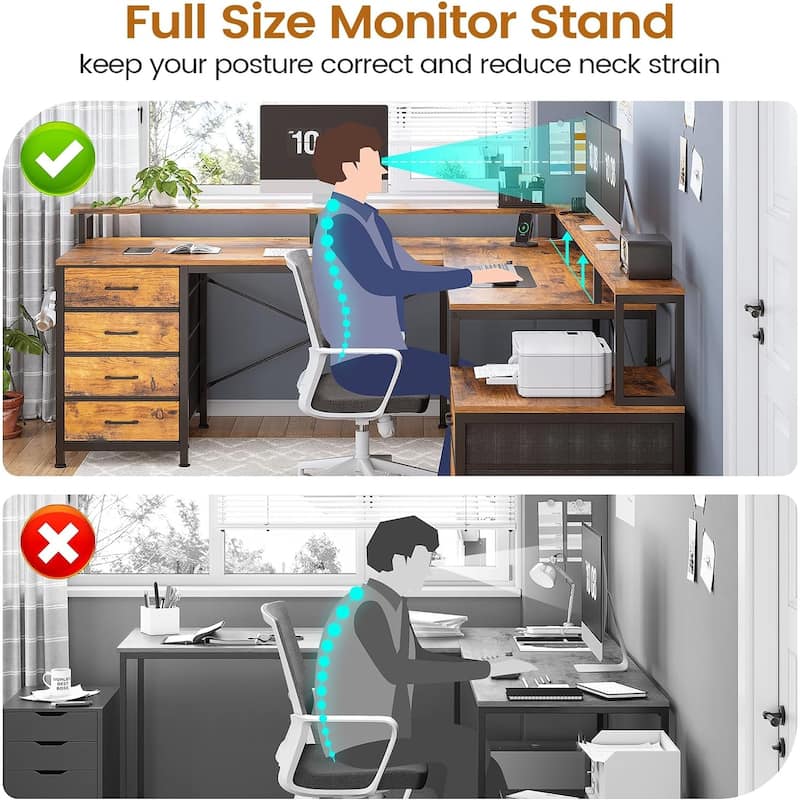 L Shaped Home Office Desk with 6 Drawer File Drawer Power Outlet