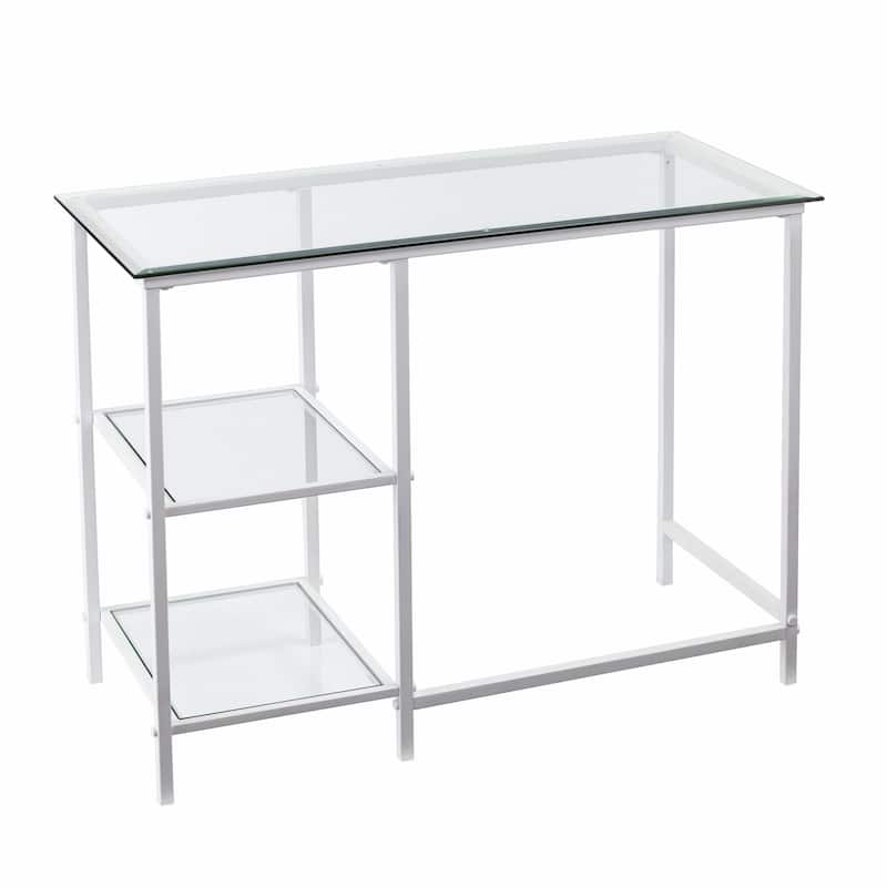 Clear Glass White Metal Rectangular Writing Desk with Shelves