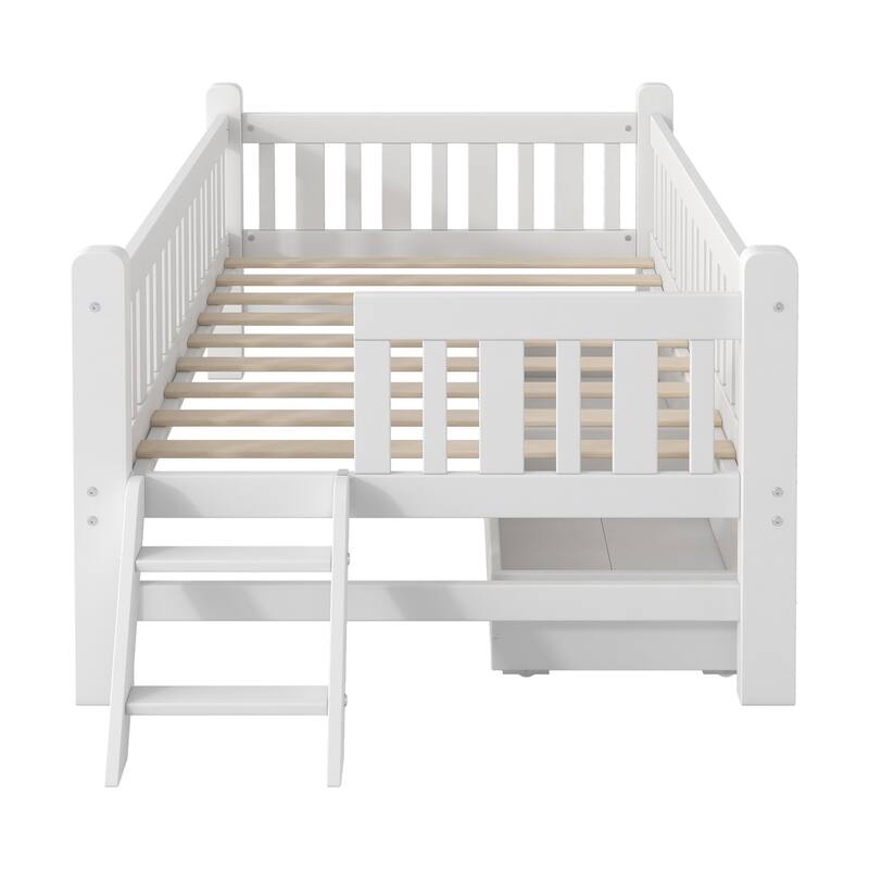 Wood Twin Size Platform Bed with Guardrail and 2 Drawers