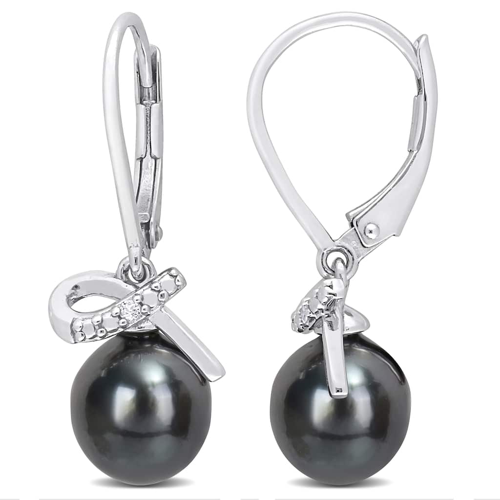 Miadora 8-9mm Black Tahitian Cultured Pearl Diamond Accent Bow Earrings Sterling Silver