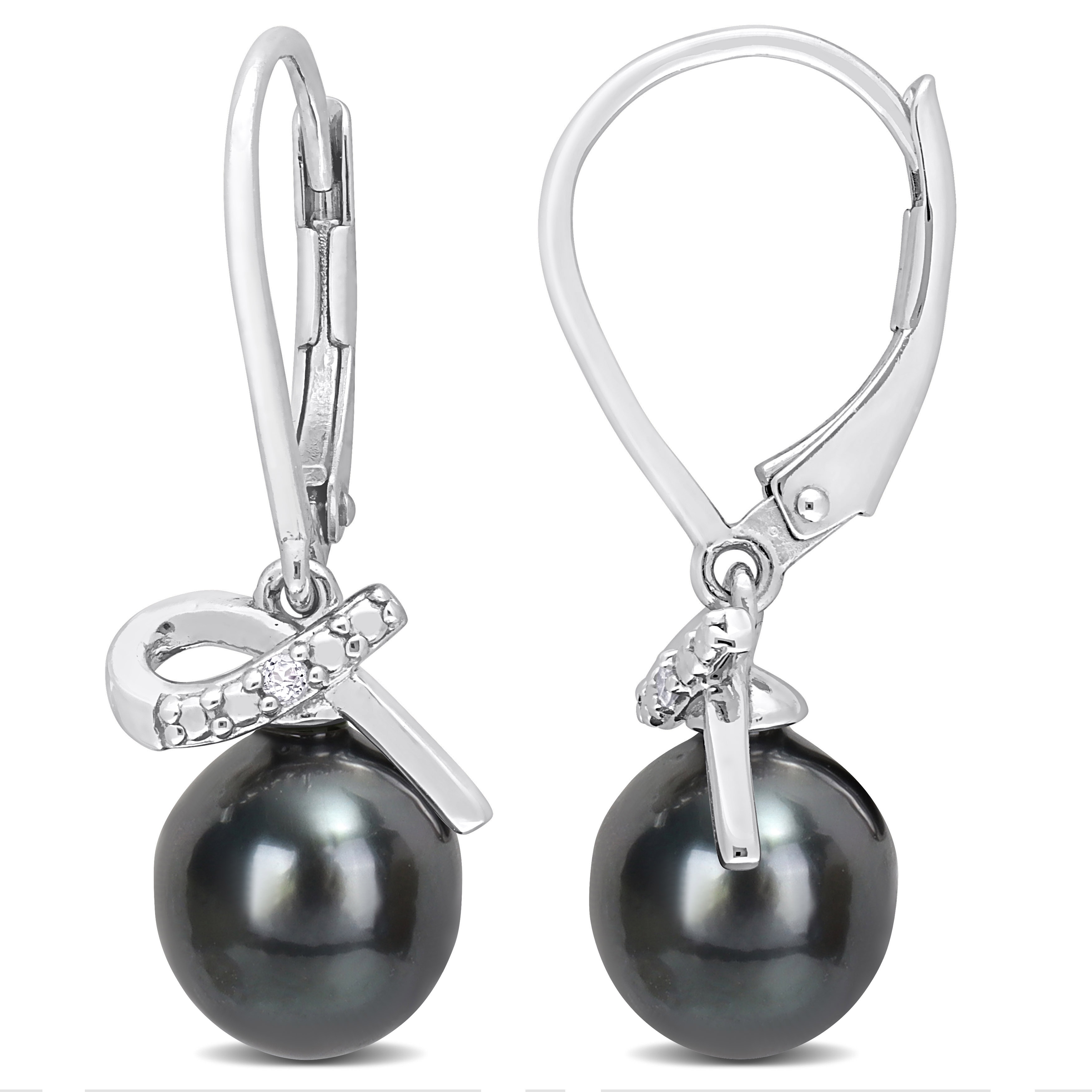 Miadora 8-9mm Black Tahitian Cultured Pearl Diamond Accent Bow Earrings Sterling Silver