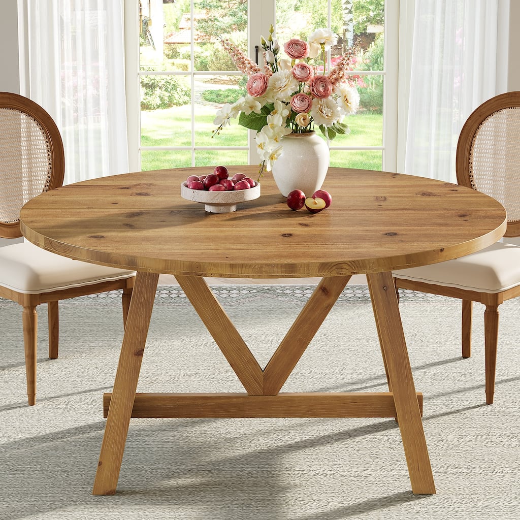 Solid Wood Dining Table, 63" Farmhouse Round Kitchen Table for Dining Room