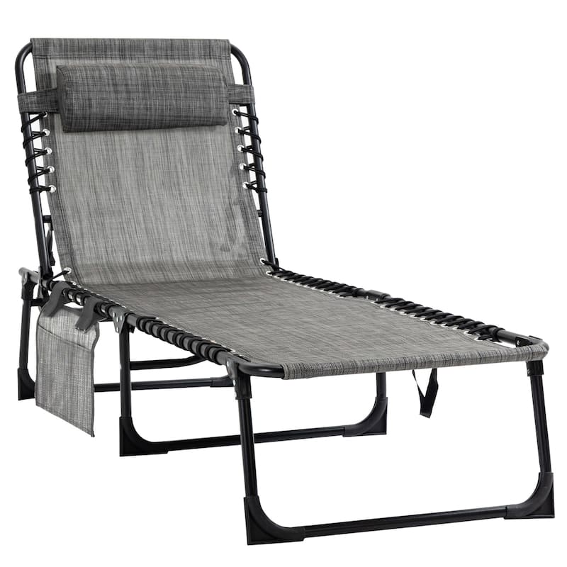 Sunbed Folding Recliner with Headrest and Side Pockets - Gray