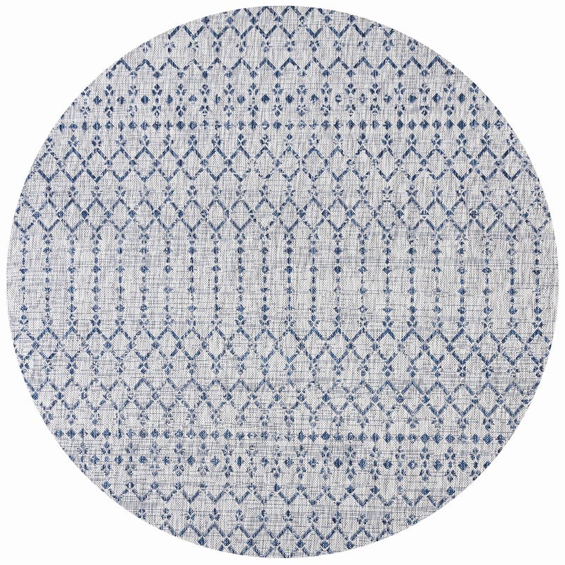 JONATHAN Y Trebol Moroccan Geometric Textured Weave Indoor/Outdoor Area Rug - 5'3" Round - Light Gray/Navy