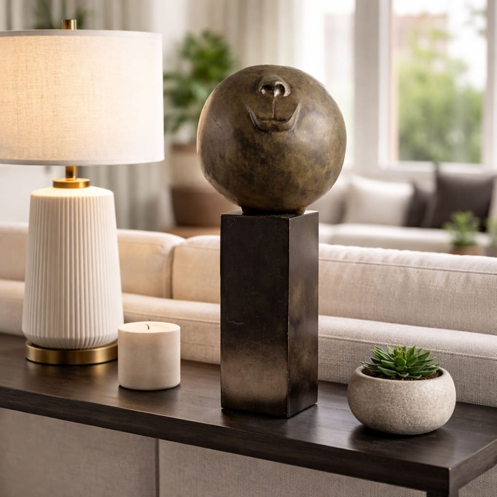 Decorative Smiley Head on Pedestal Sculpture