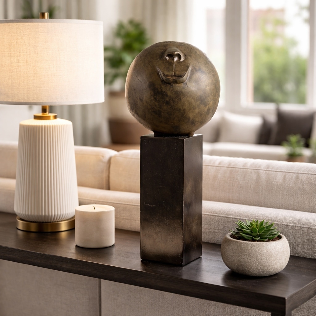 Decorative Smiley Head on Pedestal Sculpture