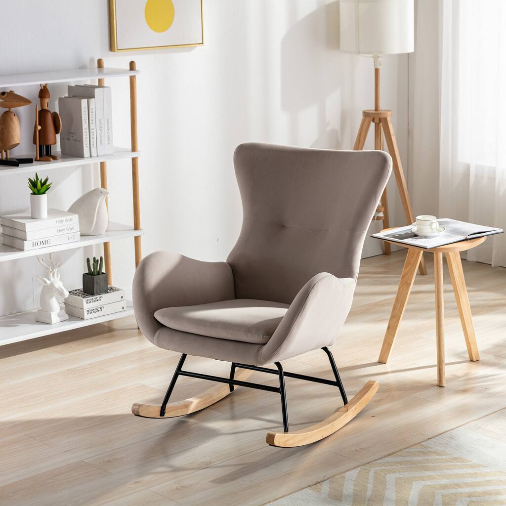 Velvet Fabric Padded Seat Rocking Chair With High Backrest And Armrests ...
