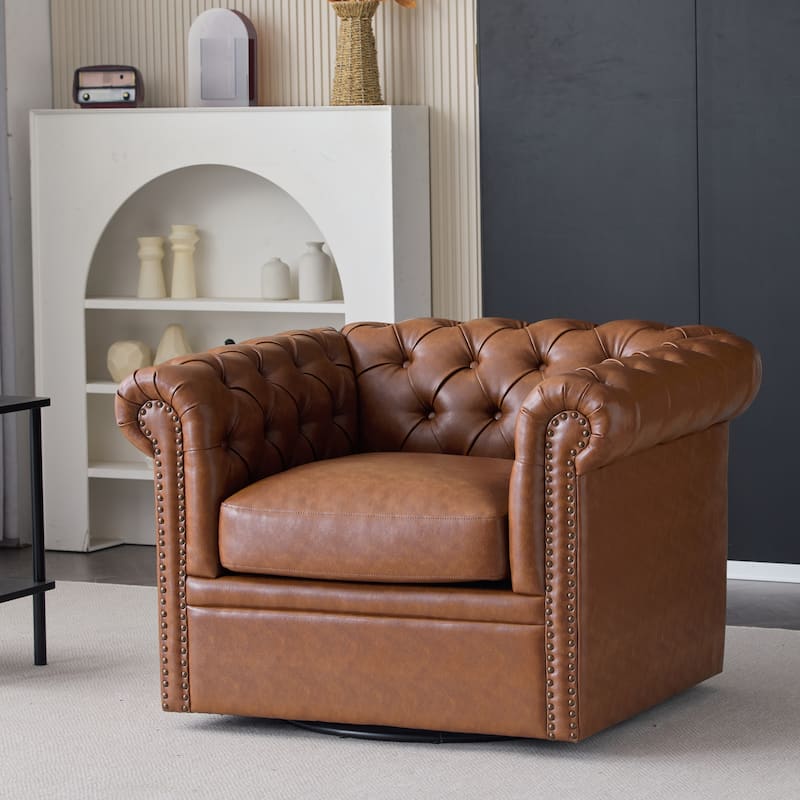 Roomfitters Chesterfield Swivel Club Chair, Tufted Accent Armchair for Living Room - Cognac
