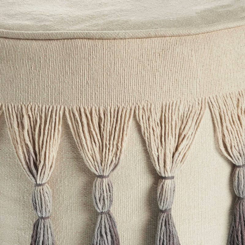 20 Inch Beige Cotton Round Ombre Pouf Ottoman for Living Room and Bedroom