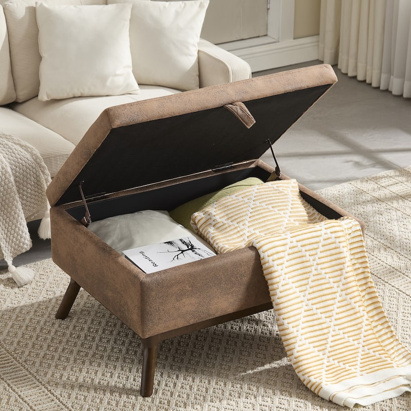 Mid-Century Modern Storage Ottoman, Square Upholstered Coffee Table, Shoe Bench with Hidden Storage & Wood Legs