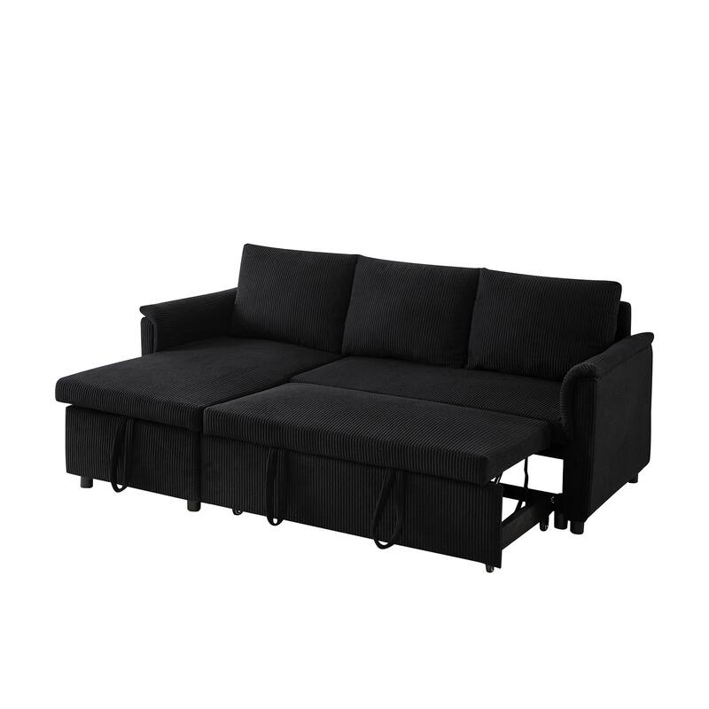 Convertible Corduroy Modular Loveseat Pull-Out Sleeper with Storage Chaise and Reclining Backrest for Living Room