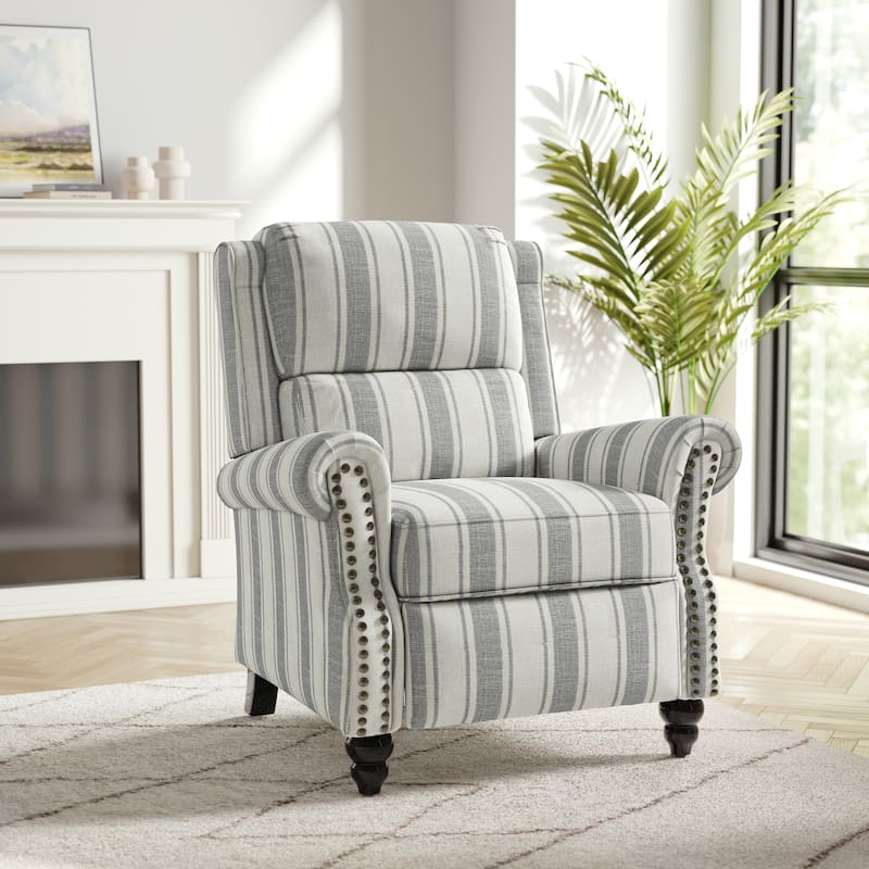 Nail-head Padded Seat Pushback Recliner Chair - Stripe Grey Linen