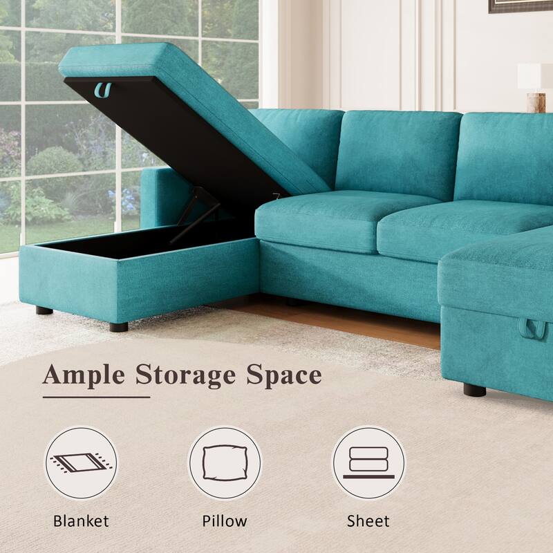 103.9" Polyester U-Shaped Sectional Sofa with 2 Storage Chaises & 4 USB Ports