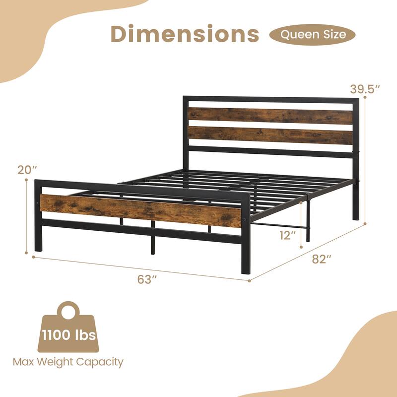 Costway Full/Queen Industrial Metal Platform Bed Frame Rustic