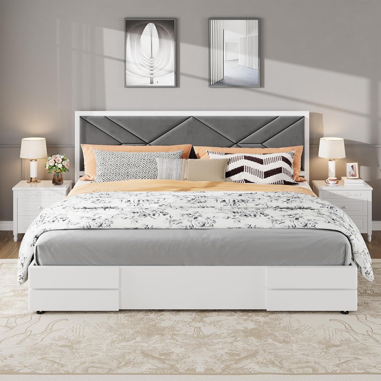 Full Upholstered Bed Frame with Fabric Headboard, Wooden Slats, No Box Spring Needed, Easy Assembly, White