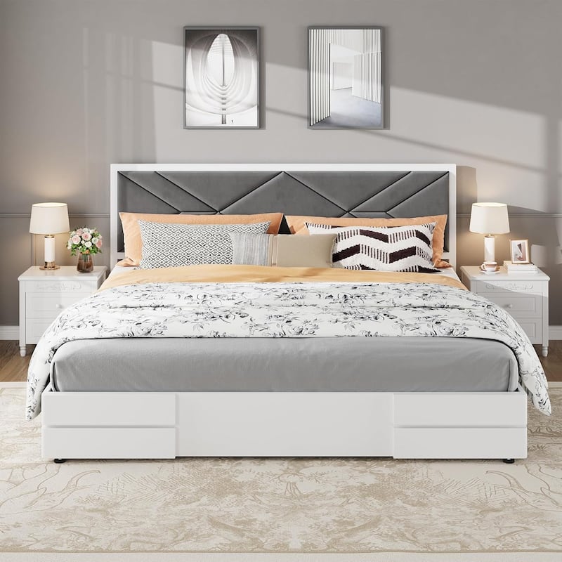 Wooden Bed Frame with Fabric Upholstered Headboard
