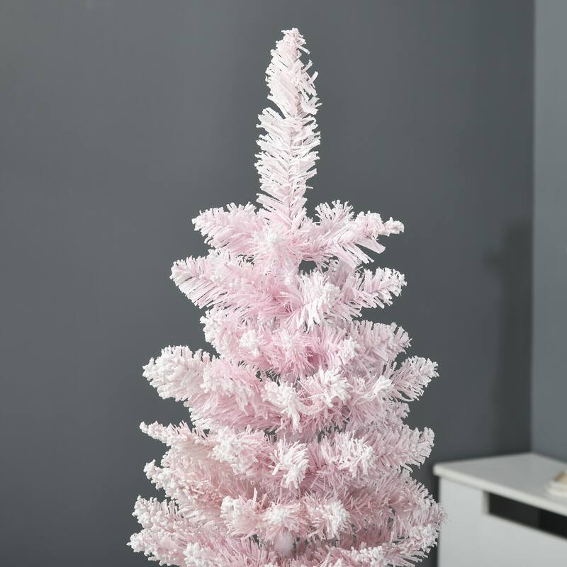 5' Snow Flocked Artificial Christmas Tree with Pencil Shape, Realistic Branches - Pink