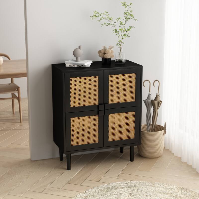 4-Doors Rattan Mesh Storage Cabinet, Sideboard with Eight Storage Spaces, (Black)