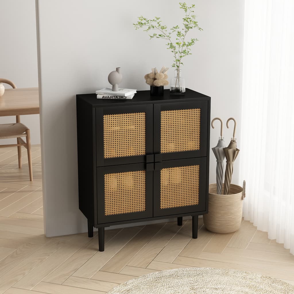 4-Doors Rattan Mesh Storage Cabinet, Sideboard with Eight Storage Spaces, (Black)