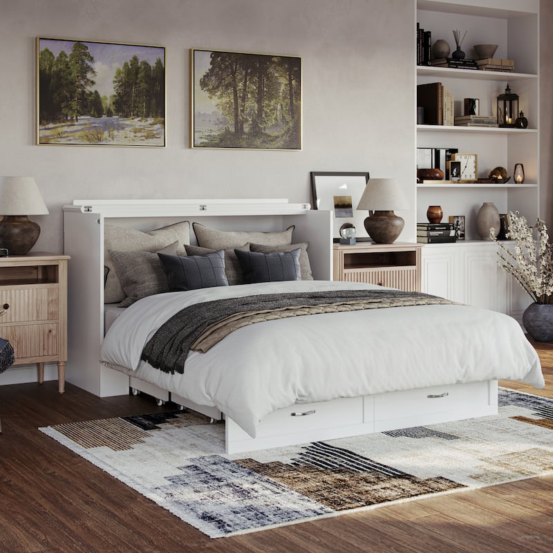Raleigh Queen Murphy Bed Chest with 6" Mattress, Storage Drawer & Built-In Charger in White