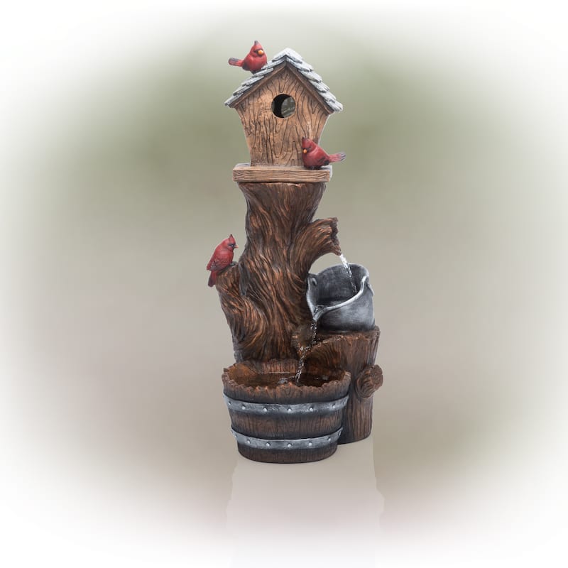Alpine Corporation 32" Tall Outdoor Cascading Barrel Water Fountain and Cardinal Birdhouse Yard Decoration