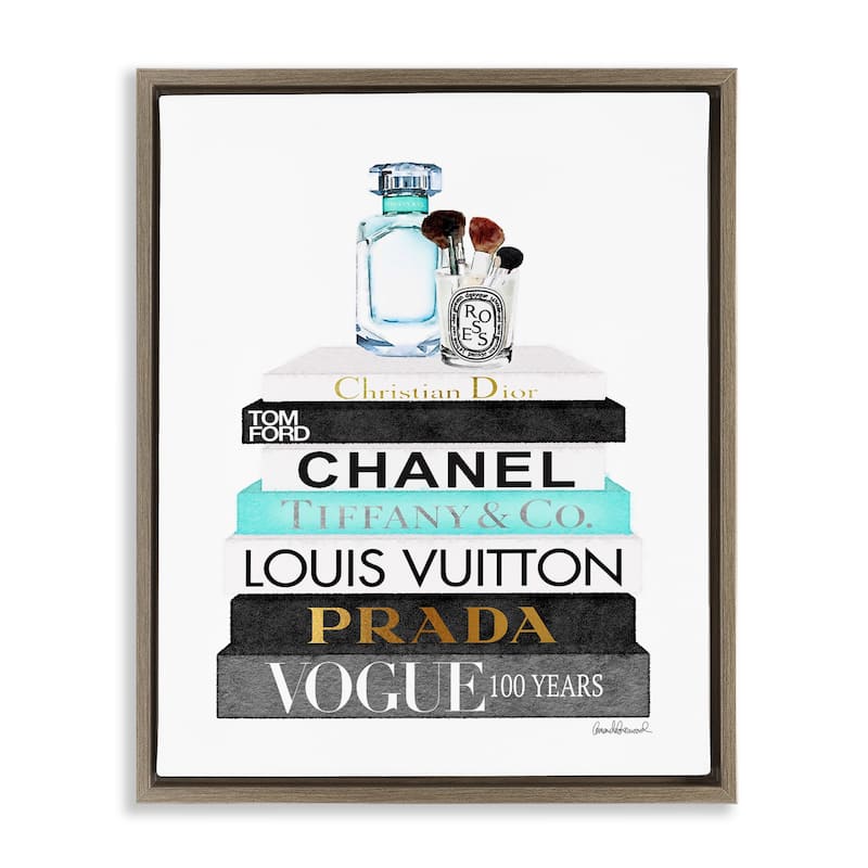 Stupell Book Stack Perfume Brushes Glam Fashion Watercolor Floater Frame - Blue - 25 x 31 - Brown