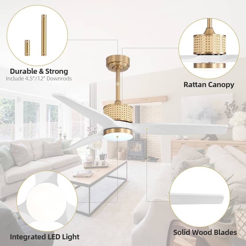 MLiAN 52 In. 3 Solid Wood Indoor Ceiling Fan with Light Kit - 52"