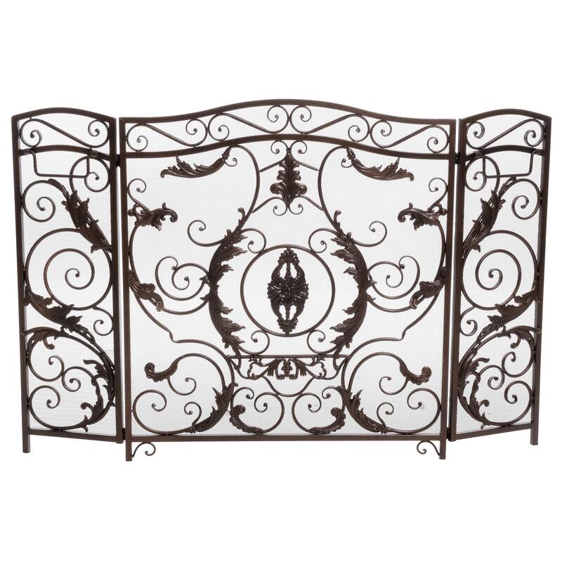 Roomfitters 3-Panel Fireplace Screen, Ornate Scrollwork Spark Guard, Decorative Mesh Metal Fireguard Cover, Black+Gold - Black+Gold