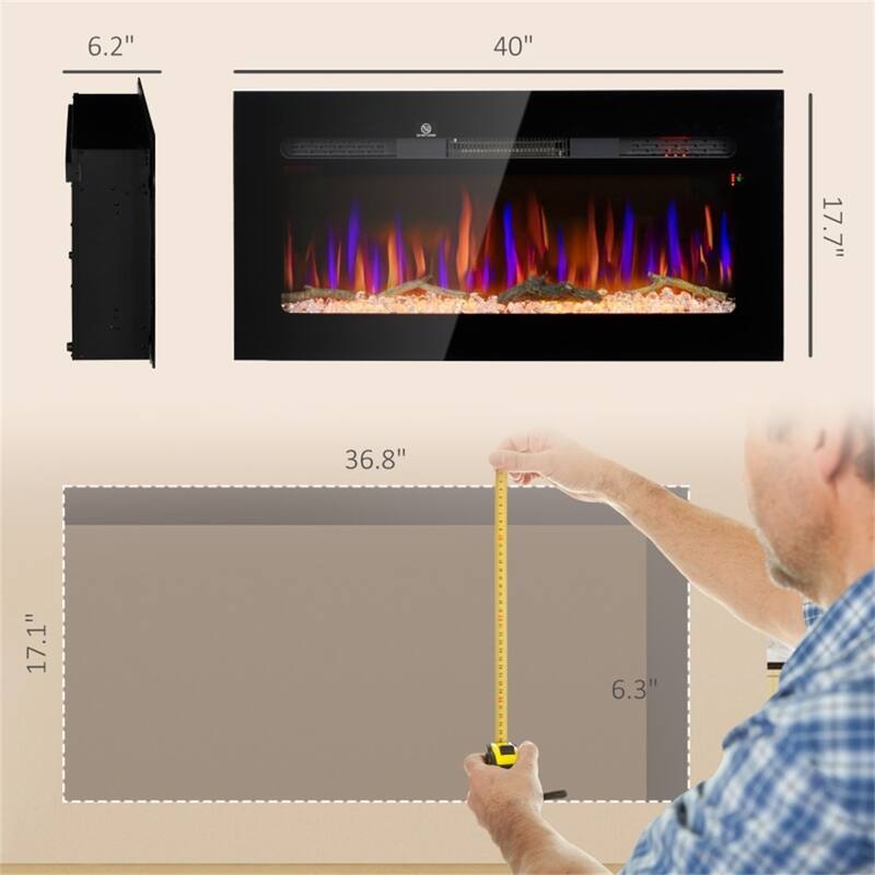 Modern Black 40" Wall Mount Electric Fireplace with Thermostat Remote and 1500W Heater - 40" W x 6.2" D x 17.7" H
