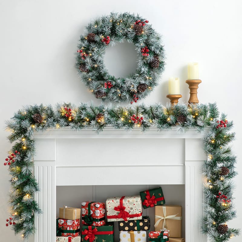 Glitzhome 9ft Pre-Lit Greenery Christmas Garland with 50 Warm White Lights(Includes Timer)