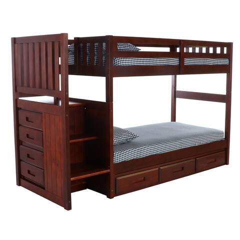 OS Home and Office Furniture Solid Pine Mission Staircase Twin over Twin Bunk Bed with Seven Drawers in Rich Merlot.