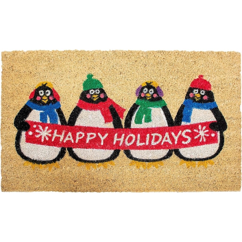 HomeRoots 17" X 29" Brown White And Red Christmas Happy Holidays Outdoor Coir Door Mat - 17.00' X '29.00
