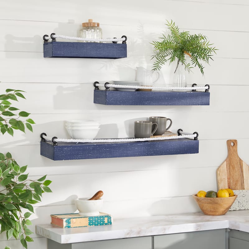 Wood 3 Shelves Wall Shelf with Knotted Rope - Set of 3 Blue - Roche River Decor - 8"W x 32"L x 5"H