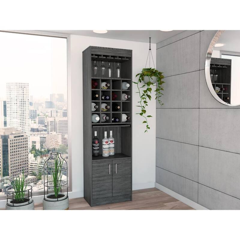 TUHOME Kava Bar Cabinet with 16 Wine Cubbies, 12 Glass Racks, 1 Shelf, Concealable Serving Tray, and Double Door - N/A