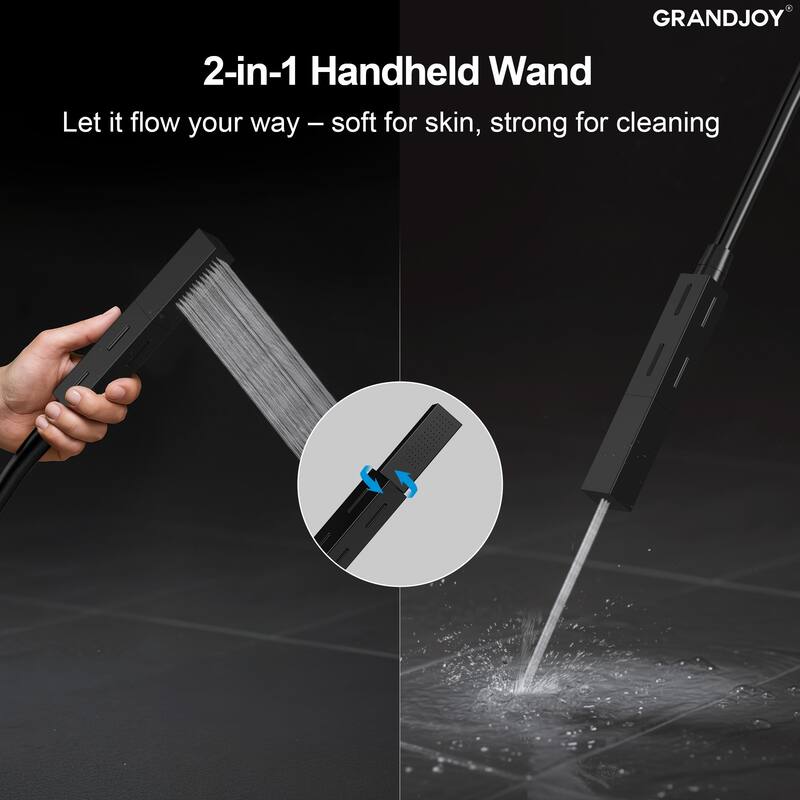 GRANDJOY Thermostatic LED Rain and Waterfall Shower System with Handheld, Built-In Music Function