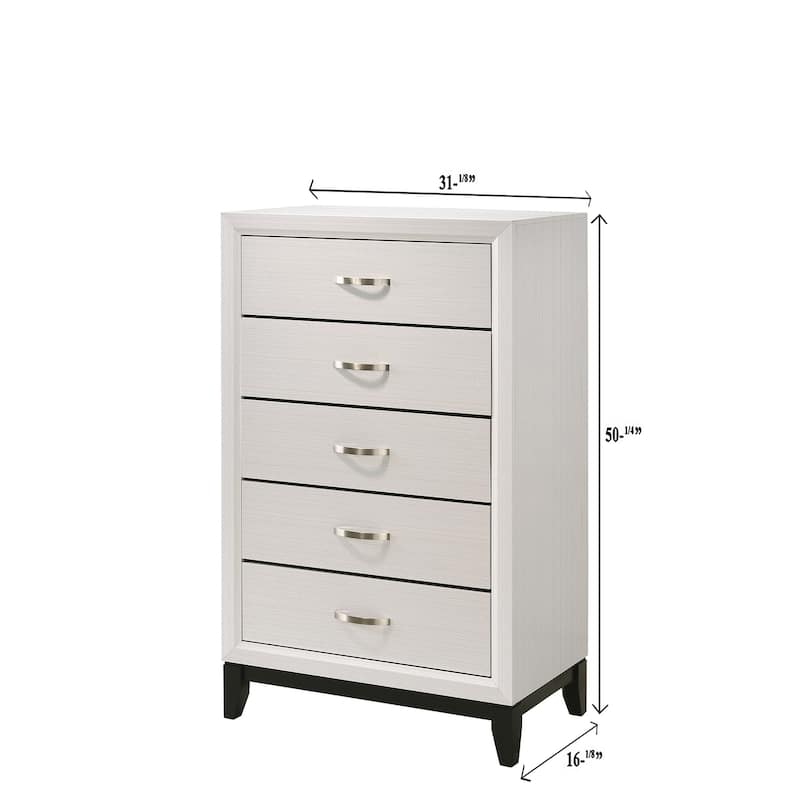 Contemporary 5-Drawer Tall Chest in White Finish, Wooden Bedroom Fit