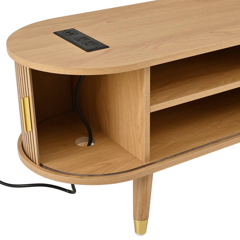 Wooden TV Stand and Coffee Table Set of 2, Sliding Door TV Cabinet TV Console with Charging Station for TVs up to 80", Natural