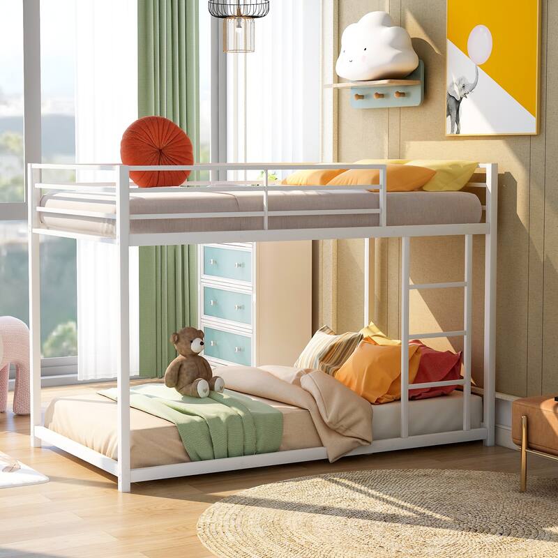 Metal Bunk Bed, Low Bunk Bed with Ladder - Twin over twin - White