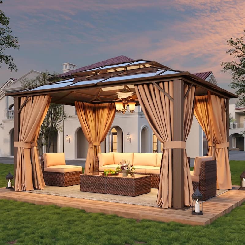 Hardtop Gazebo, Aluminum Frame Permanent Pavilion with Curtains and Netting - 13'x10' - Brown
