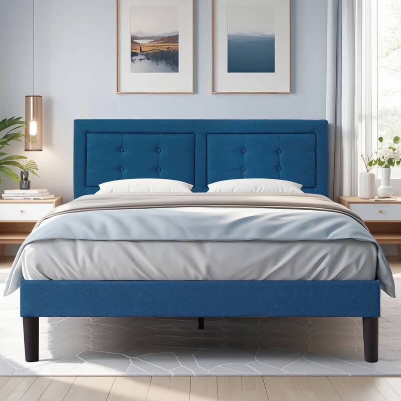 Modern Upholstered Platform Bed Frames with Adjustable Headboard,Blue Beds